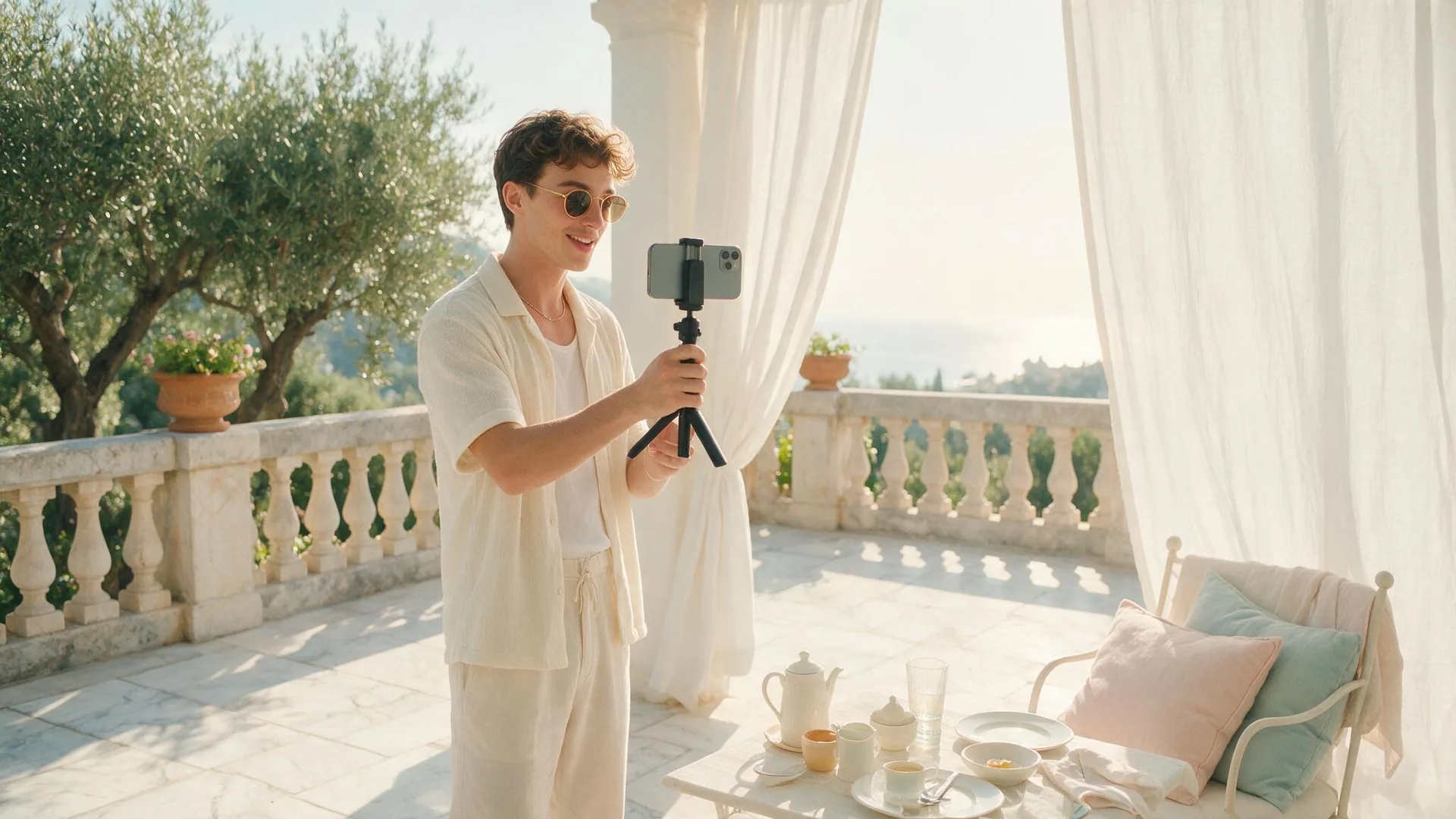 Content Creator nimmt auf einer hellen mediterranen Terrasse ein Video mit dem Smartphone auf
