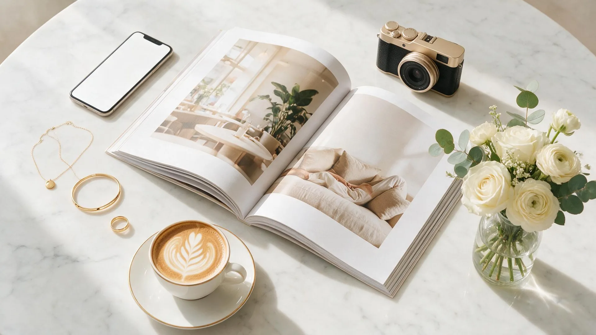 Aufgeschlagenes Lifestyle-Magazin mit Smartphone, Kamera und Goldschmuck auf einem hellen Marmortisch